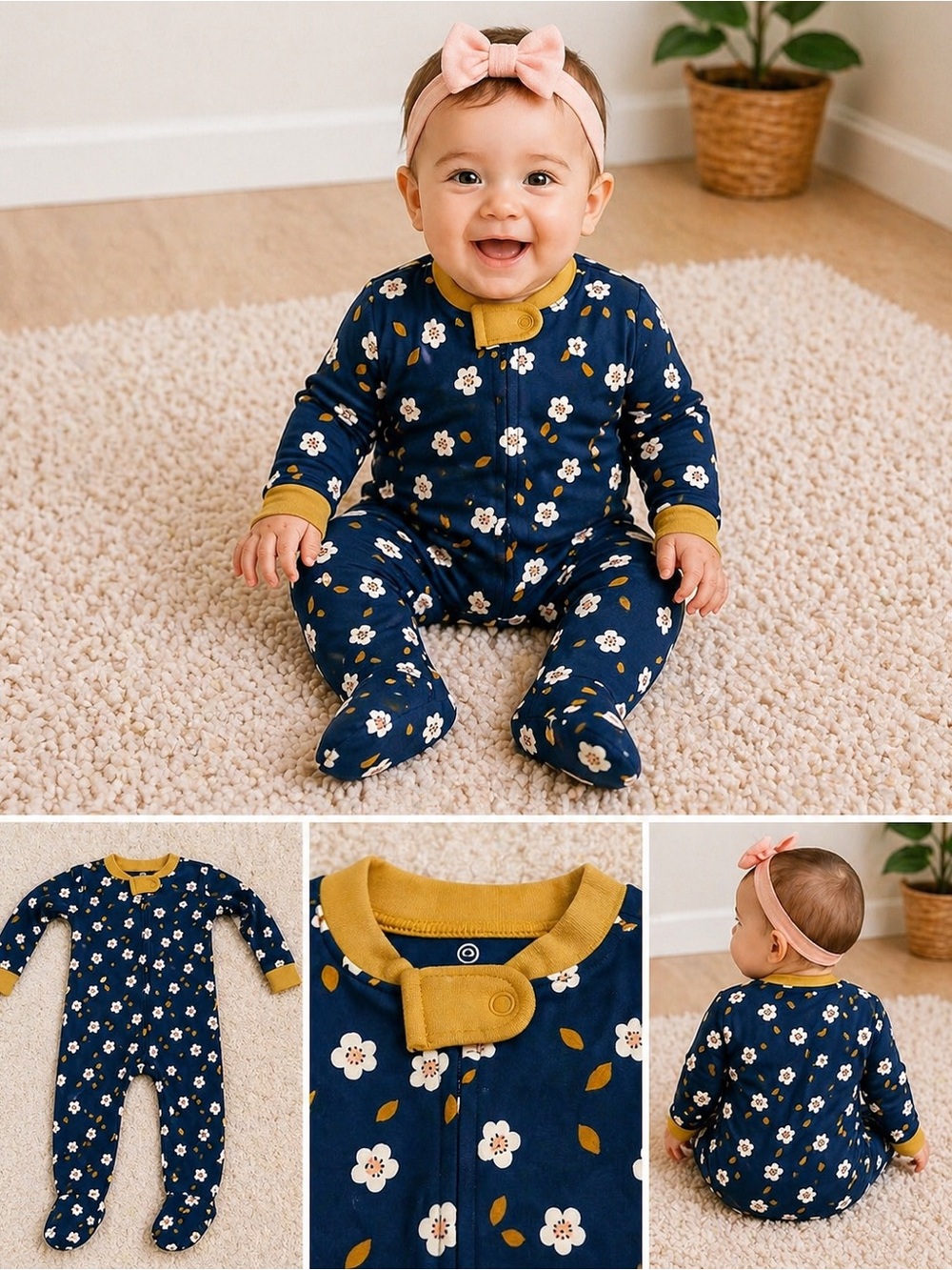 NWT Honest Baby Floral Sleeper 18M Navy Mustard Zip‎ Pajamas One Piece Organic